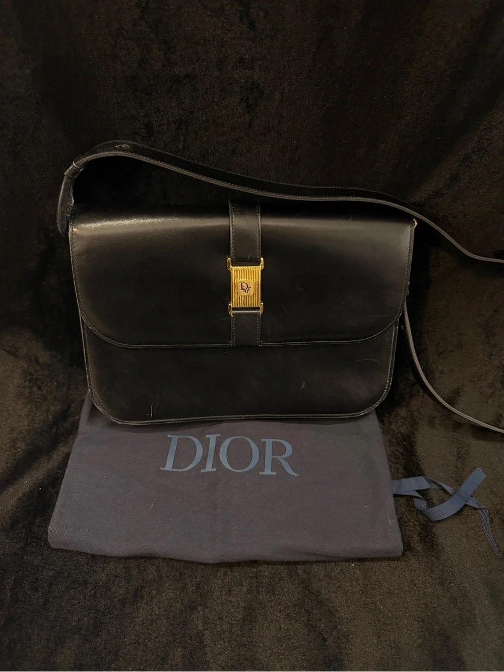 Vintage Dior Black Leather Messenger Bag with Gold Buckle